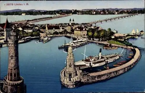 Ak Lindau am Bodensee Schwaben, Hafen, Schiffe, Turm. Leuchtturm