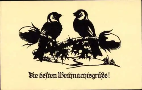 Scherenschnitt Ak Glückwunsch Weihnachten, Vögel, Stechpalme