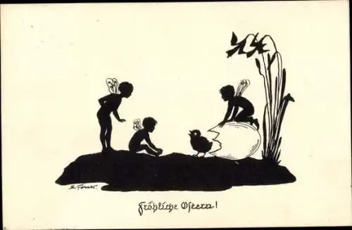 Scherenschnitt Künstler Ak Forck, E., Glückwunsch Ostern, Küken, Eierschale, Kinder