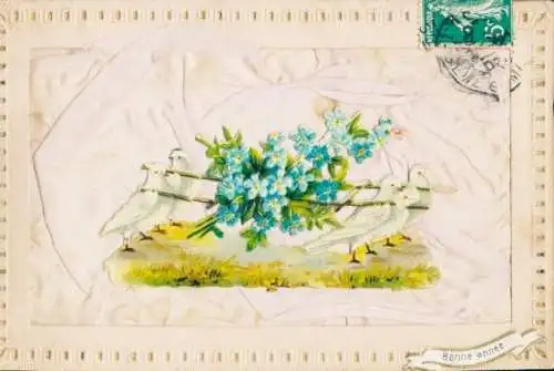 Stoff Ak Glückwunsch Neujahr, Tauben, Vergissmeinnicht