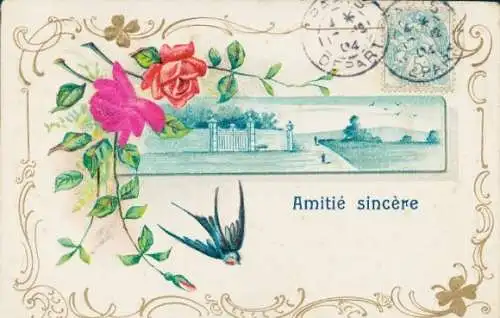 Präge Stoff Litho Schwalbe, Rosen, Tor