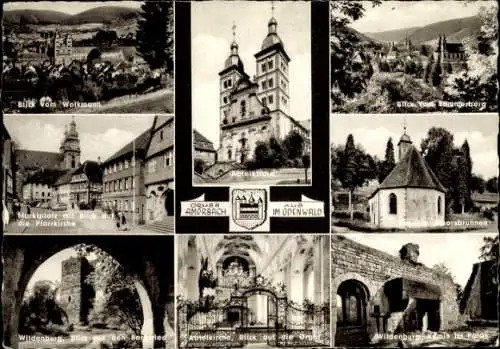 Ak Amorbach im Odenwald Unterfranken, Abteikirche, Wappen, Marktplatz, Wildenburg