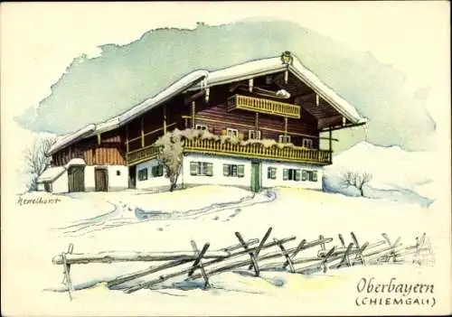 Künstler Ak Nettelhorst, Oberbayern, Chiemgau, Deutsche Bauernhöfe, Oberbayrisches Einhaus, Winter