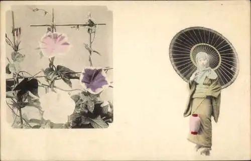 Ak Japan, Mädchen in japanischer Tracht, Sonnenschirn, Kopftuch, Blumen