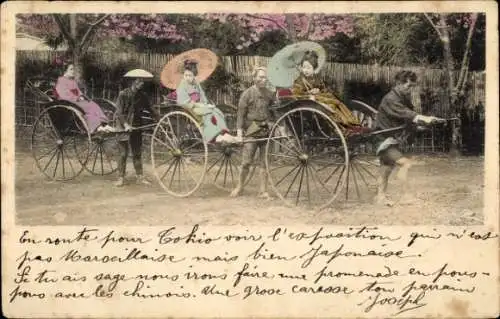 Ak Japan, Mädchen in japanischer Tracht, Sonnenschirn, Rikscha-Fahrer