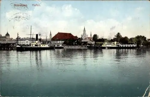 Ak Konstanz am Bodensee, Blick vom See aus zum Hafen, Salondampfer, Photochromie