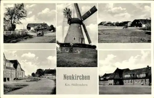 Ak Neukirchen Nordfriesland, Windmühle, Straßenpartie, Auto, Häuser