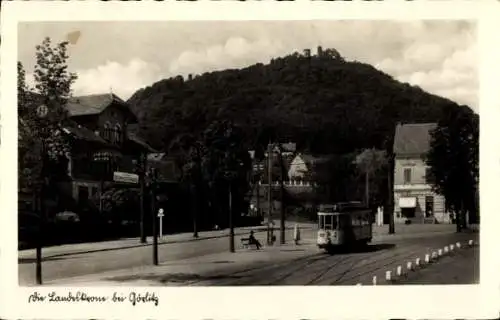 Ak Görlitz in der Lausitz, Landeskrone, Straßenbahn