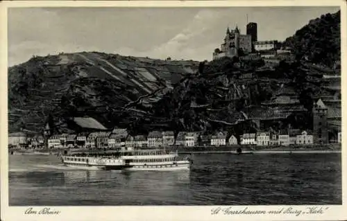 Ak Sankt Goarshausen am Rhein, Burg Katz, Dampfer