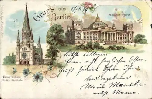 Litho Berlin Tiergarten, Reichstagsgebäude, Kaiser Wilhelm Gedächtniskirche