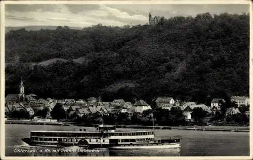 Ak Osterspai am Rhein, Ortsansicht mit Schloss Liebeneck, Dampfer