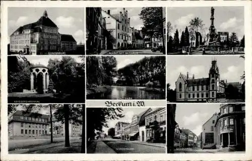 Ak Beckum in Westfalen, Gymnasium, Markt, Rathaus, Marienplatz, Landratsamt, Kriegerdenkmal