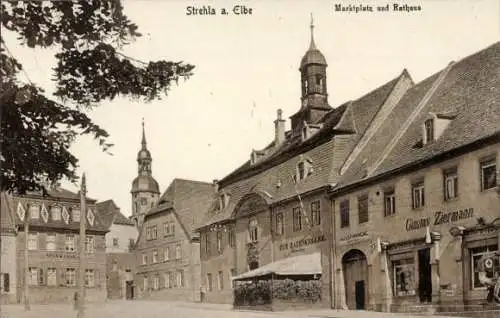 Ak Strehla an der Elbe Sachsen, Marktplatz, Rathaus, Geschäft Gustav Ziermann