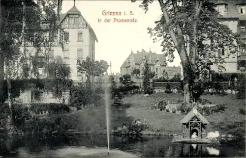 Ak Grimma in Sachsen, Promenade, Fontäne, Schwäne