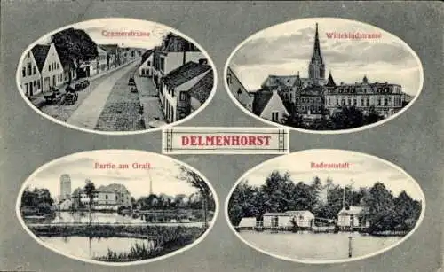 Ak Delmenhorst in Oldenburg, Cramerstraße, Wittekindstraße, Graftpartie, Badeanstalt