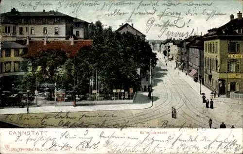 Ak Cannstatt Stuttgart in Baden Württemberg, Blick in die Bahnhofstraße, Bahnhofhotel, Gartenlokal