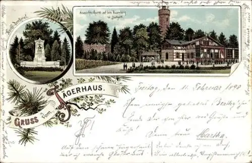 Litho Hasenberg Stuttgart in Baden Württemberg, Jägerhaus mit Aussichtsturm, Hauff Denkmal