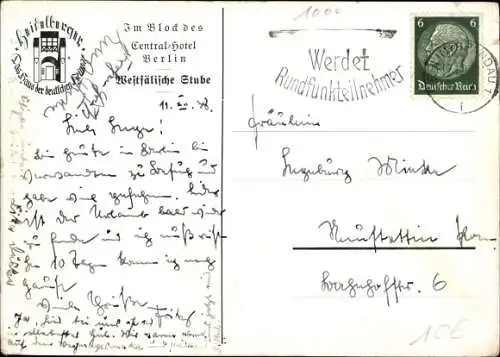 Ak Berlin Mitte, Centralhotel, Westfälische Stube