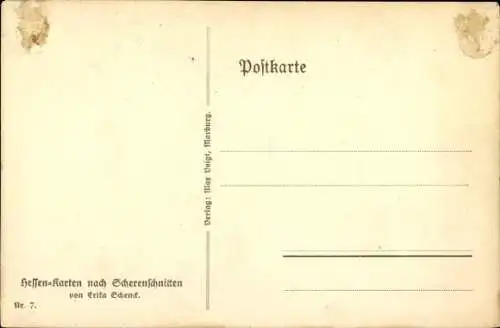 Scherenschnitt Künstler Ak Schenck, E., Hessen, Frau beim Stricken, Sonnenschirm