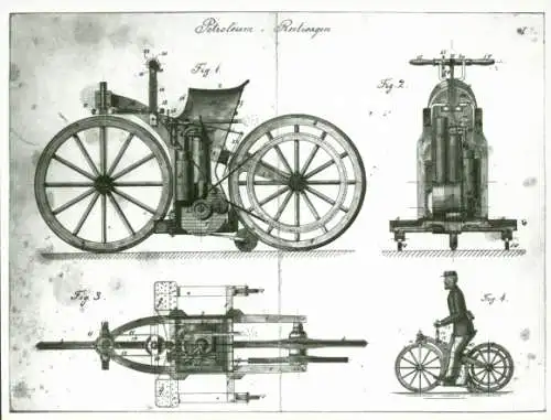 Foto Konstruktionszeichnung des Daimler-Zweirades, Patentschrift von 1885