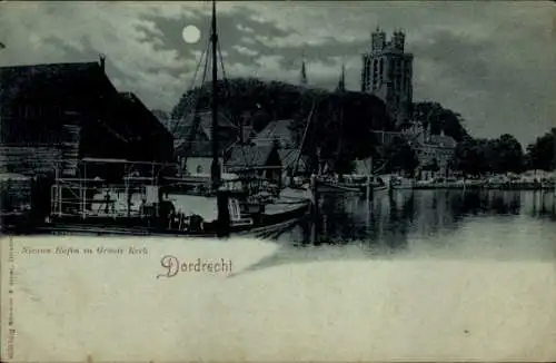 Mondschein Ak Dordrecht Südholland Niederlande, Nieuwe Hafen, Groote Kerk