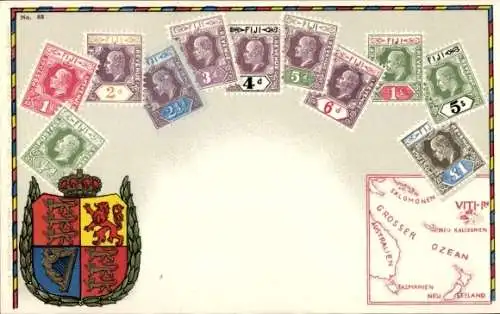 Briefmarken Wappen Litho Fiji, Landkarte, Postage Revenue