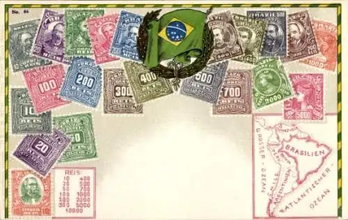 Briefmarken Wappen Litho Brasilien, Landkarte