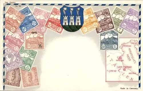 Briefmarken Wappen Litho San Marino, Landkarte