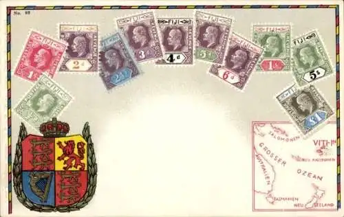 Briefmarken Wappen Litho Fiji, Landkarte, Postage Revenue