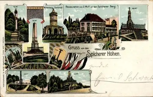 Litho Spicheren Spichern Moselle, Spicherer Höhen, Kriegerdenkmale