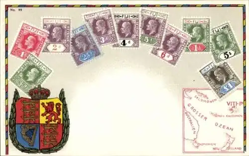 Briefmarken Wappen Litho Fiji, Landkarte, Postage Revenue