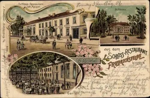 Litho Berlin Lichtenberg Friedrichsfelde, Schloss, Schlossrestaurant, Gartenpartie