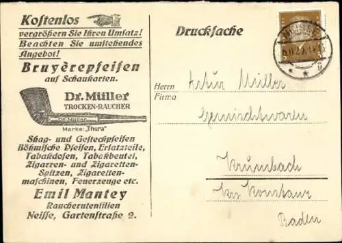 Ak Nysa Neisse Schlesien, Bruyère-Pfeifen, Dr. Müller Trocken-Raucher, Marke Thura, Emil Mantey