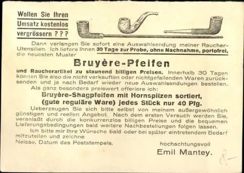 Ak Nysa Neisse Schlesien, Bruyère-Pfeifen, Dr. Müller Trocken-Raucher, Marke Thura, Emil Mantey