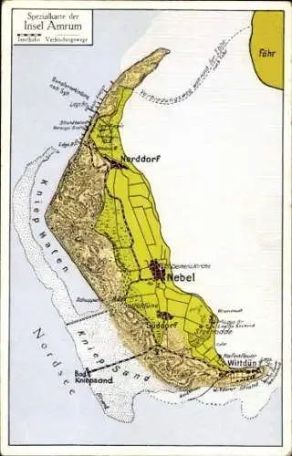 Landkarten Ak Wittdün Insel Amrum in Nordfriesland, Nebel Nordsee, Kniep Hafen, Süddorf