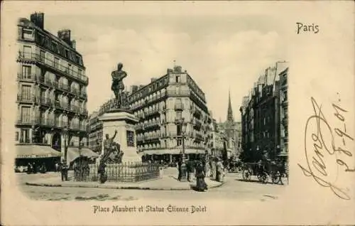 Relief Ak Paris I Louvre, Place Maubert, Statue Etienne Dolet