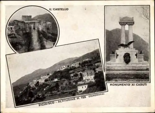 Ak Picinisco Lazio, Castello, Monumento al Caduti, Panorama