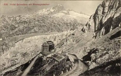 Ak Kt Wallis Schweiz, Rhonegletscher, Hotel Belvedere