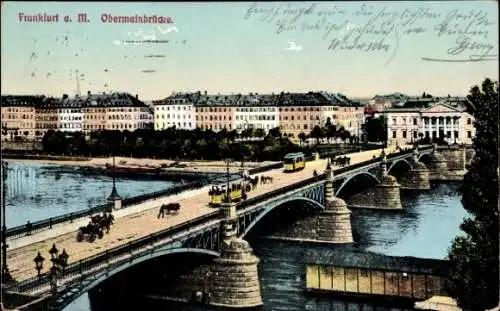 Ak Frankfurt am Main, Obermainbrücke, Straßenbahnen, Pferdekutschen, Handkarren