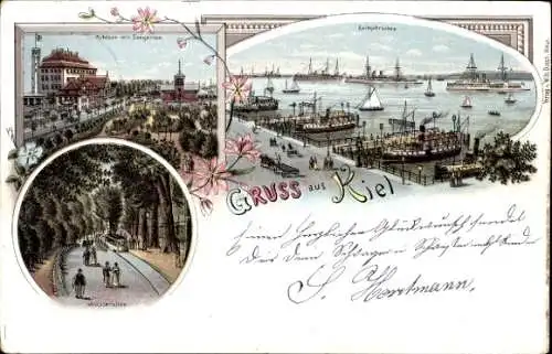 Litho Kiel, Wasserallee, Schloss, Seegarten, Anlegebrücken, Schiffe
