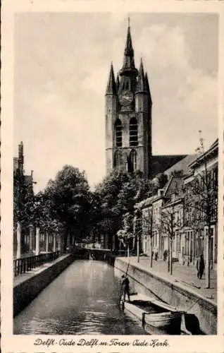 Ak Delft Südholland Niederlande, Oude Delft mit Turm der alten Kirche