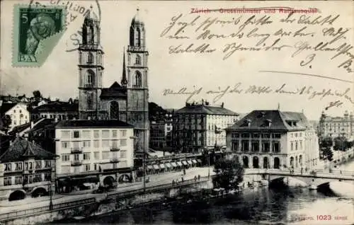 Ak Zürich Stadt Schweiz, Großmünster, Rathausquai