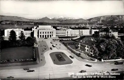 Ak Genève Genf Schweiz, Le Palais des Nations vue sur la Ville et le Mont-Blanc