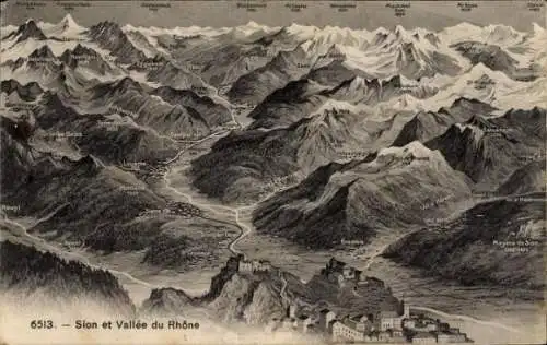 Ak Sion Sitten Kanton Wallis, Panorama, Rhone-Tal