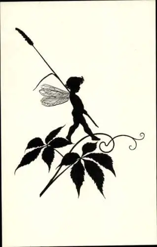 Scherenschnitt Ak Kind mit Flügeln, Laubblätter