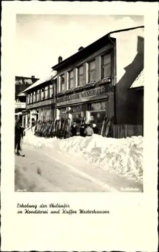 Ak Sankt Andreasberg Braunlage im Oberharz, Konditorei und Kaffee Westerhausen, Winteransicht