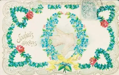 Stoff Präge Litho Tauben, Blumen, Vergissmeinnicht, Kitsch