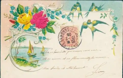 Stoff Präge Ak Schwalben, Rosen, Segelboote, Kitsch