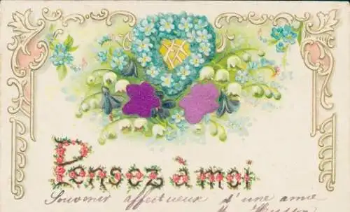 Stoff Präge Litho Blumen, Vergissmeinnicht, Maiglöckchen, Kitsch