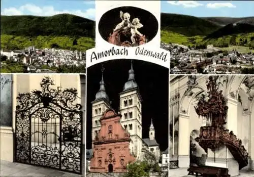 Ak Amorbach im Odenwald Unterfranken, Kirche, Gesamtansicht, Tor